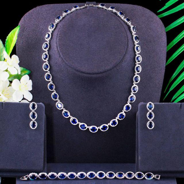 Hermoso conjunto de 3 piezas de collar, pendientes y pulsera de circonita azul ovalada para novia y boda.