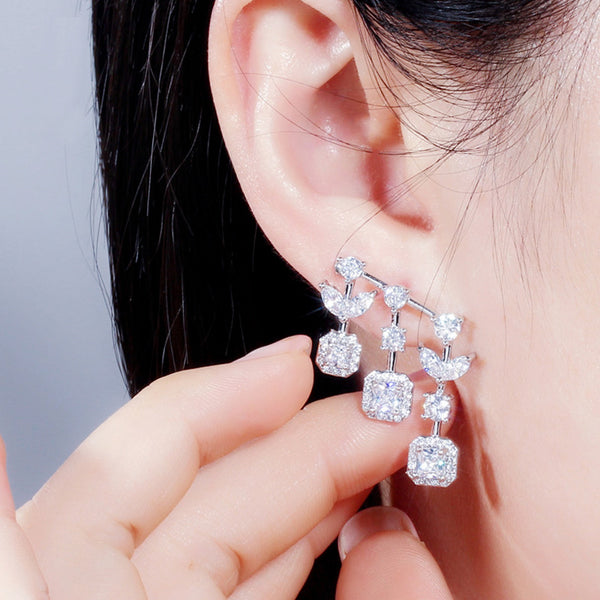 Conjuntos de collar y aretes colgantes con forma de hoja grande y cuadrado de CZ para bodas y fiestas