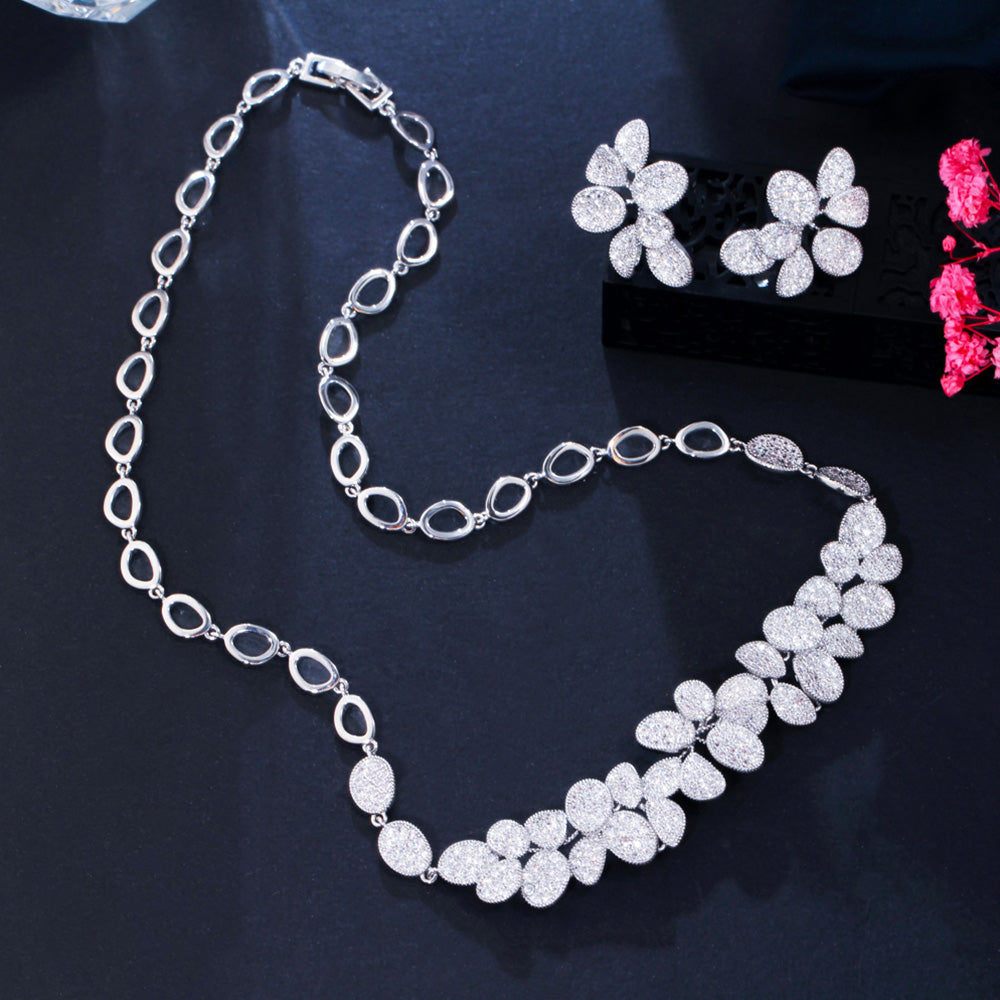 Cubic Zirconia Silver Color Leaf Charm Women Choker Necklace and Earrings Sets