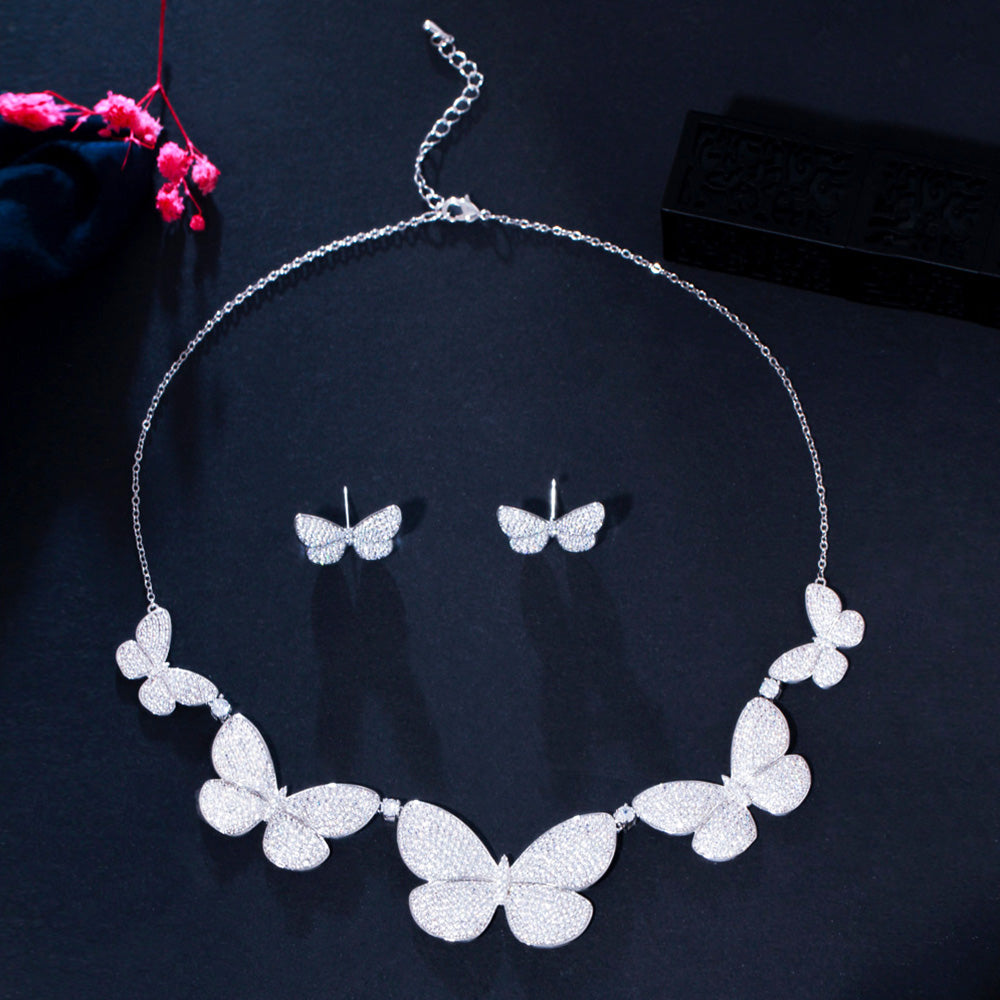 Butterfly Design Silver Color Sparkling Cubic Zirconia Wedding Charm Necklace Earrings Jewelry Set