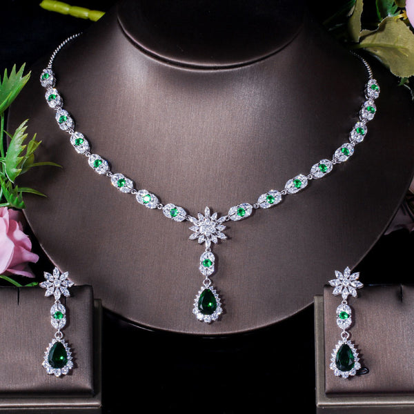 Luxury Bridal Big Water Long Cubic Zirconia Blue Drop Necklace and Earrings Sets