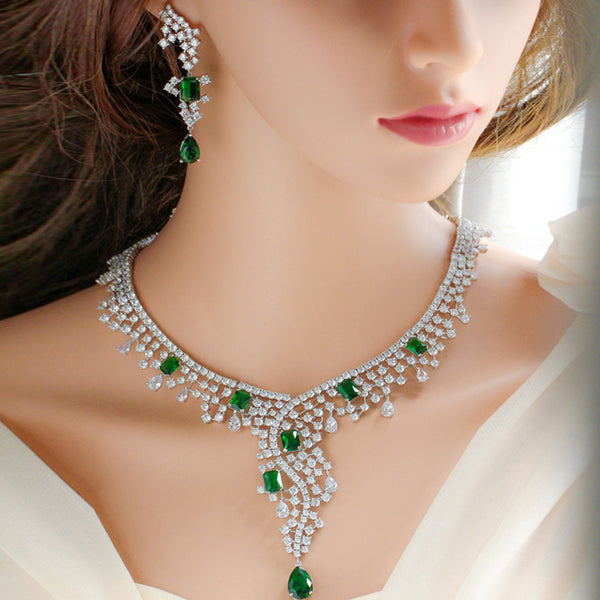 Conjunto de joyería de lujo con pendientes y collar de gota de agua, largos y grandes, con cristales cuadrados verdes