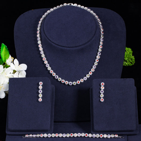 Gargantilla, collar, pendientes y pulsera de circonitas cúbicas redondas grandes de 3 piezas multicolor