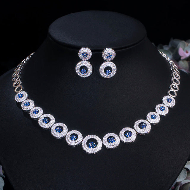 Blue Cubic Zirconia Round Circle Link Choker Women Wedding Party Necklace Jewelry Set