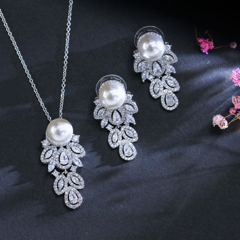 Luxury Women Pearl Silver Colour  Big Cubic Zirconia Necklace And Earrings