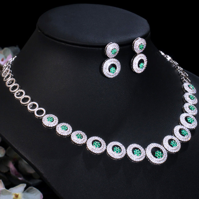 Blue Cubic Zirconia Round Circle Link Choker Women Wedding Party Necklace Jewelry Set
