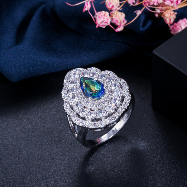 Anillos de compromiso de moda para fiesta, color plata, azul claro, con piedra de cristal mística grande