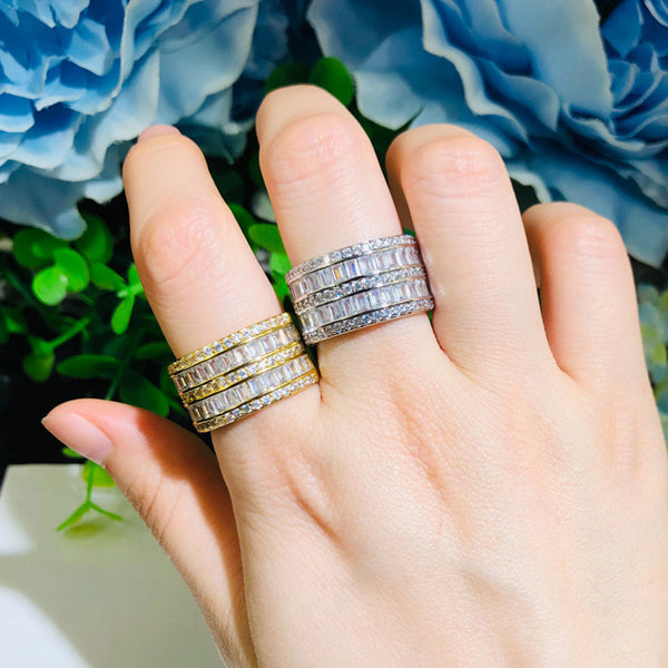 Anillos de compromiso de boda grandes y anchos de color plata con circonita cúbica de corte cuadrado multicapa de doble fila