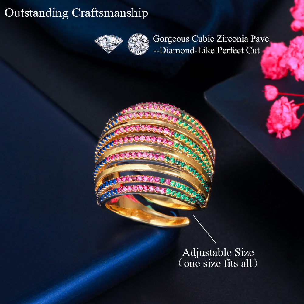 PLuxury Designer Rainbow Cubic Zirconia Yellow Gold Multiple Circles Resizable Wedding Rings