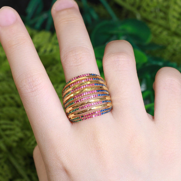 Luxury Designer Rainbow Cubic Zirconia Yellow Gold Multiple Circles Resizable Wedding Rings