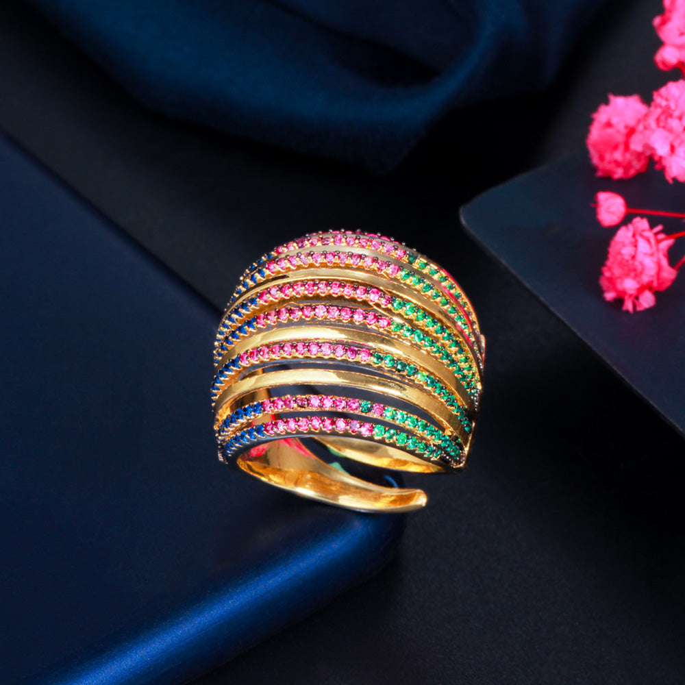 PLuxury Designer Rainbow Cubic Zirconia Yellow Gold Multiple Circles Resizable Wedding Rings
