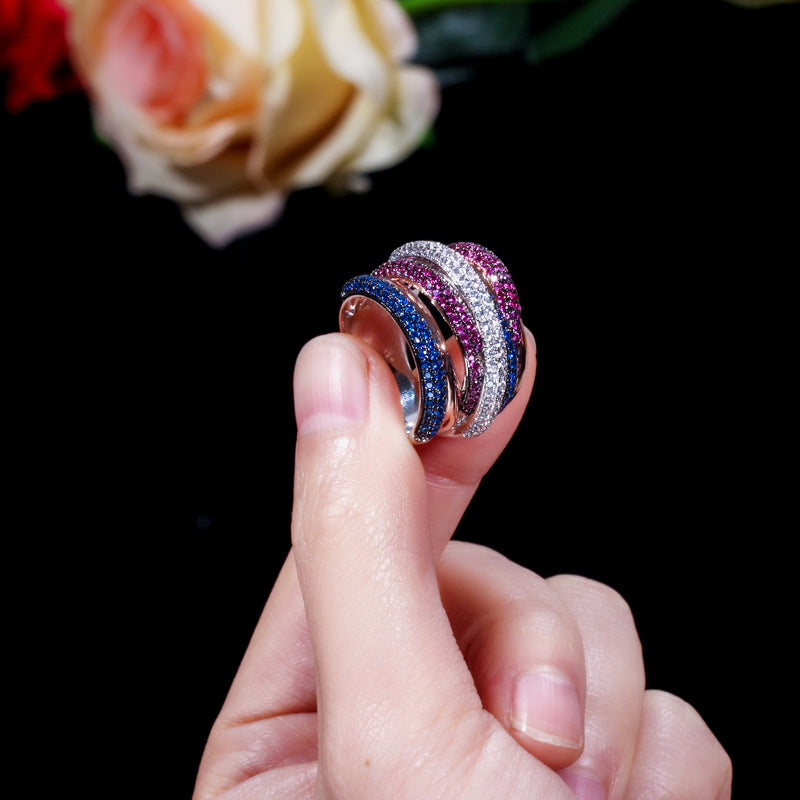 Big Statement Rose Red Blue Round Shape Cubic Zirconia Finger Ring