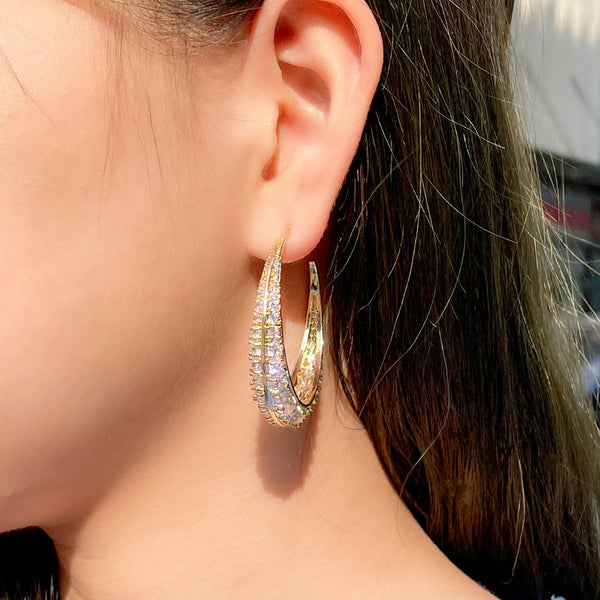 Fashion Shiny Cubic Zirconia Gun Black Gold Large Circle Round Hoop Earring