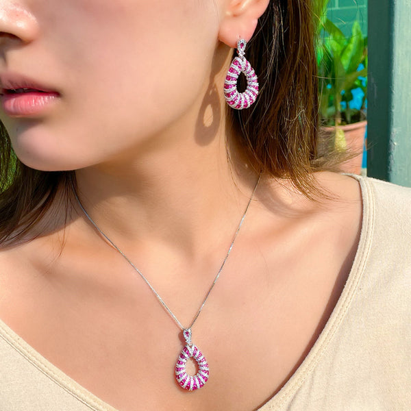 Sweet Rose Red Cubic Zirconia Long Hollow Water Drop Pendant Necklace Earrings Sets