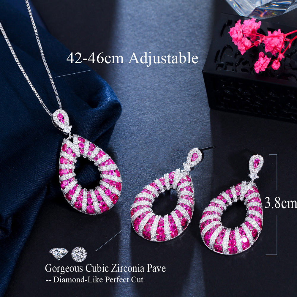 Sweet Rose Red Cubic Zirconia Long Hollow Water Drop Pendant Necklace Earrings Sets