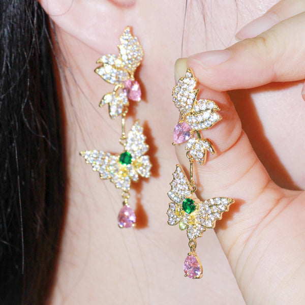 Romantic Pink Sapphire CZ Crystal Indian Gold Long Leaf and Dangling Butterfly Drop Earrings