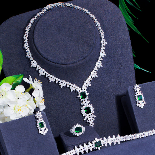 Conjunto de joyería para fiesta con collar, pendientes, anillo y pulsera de circonita cúbica con geometría larga verde