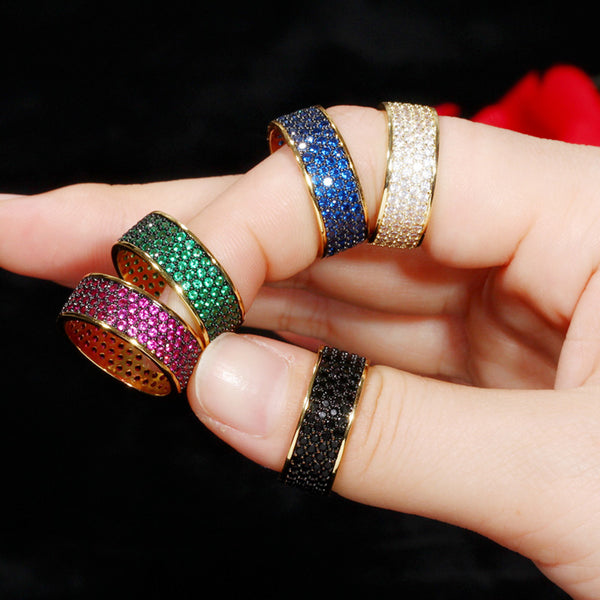 Hermosos anillos de compromiso para boda, de color dorado, redondos, con circonita cúbica rosa y verde