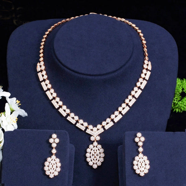 Long Hanging Hollow Flower Shape Earrings and Necklace Bridal Jewelry Sets