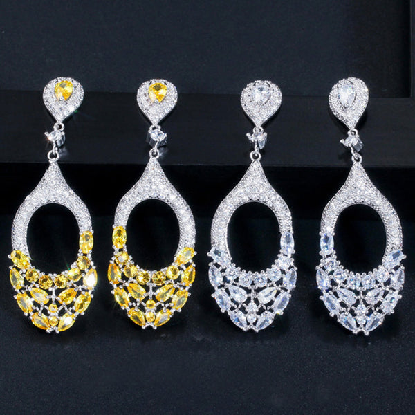 Luxury Silver Color Long Drop Big Green Marquise Cut Cubic Zirconia Earring