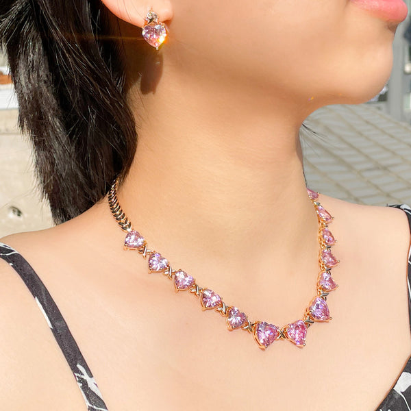 Pink Love Heart Cut Cubic Zirconia  Bridal Necklace and Earrings Jewelry Sets