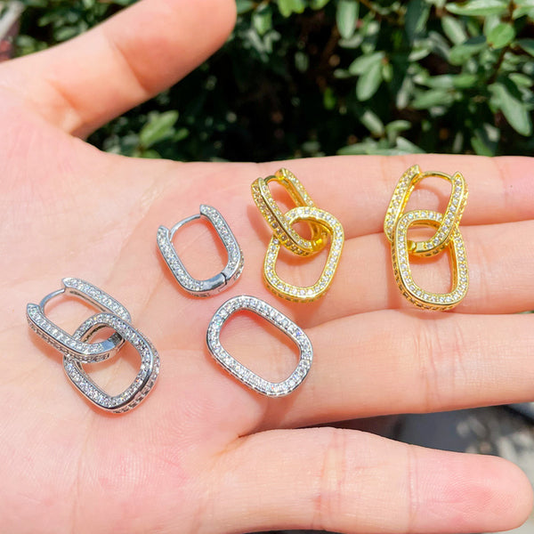 Gold CZ Stone Long Connectable Dangle Circles Link Drop Earring