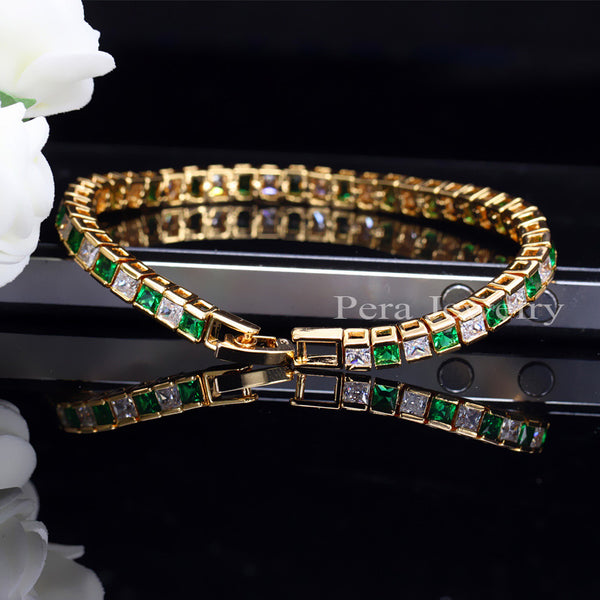 Trendy Link Gold Color Jewelry White And Blue Big Square Cubic Zirconia Bracelet