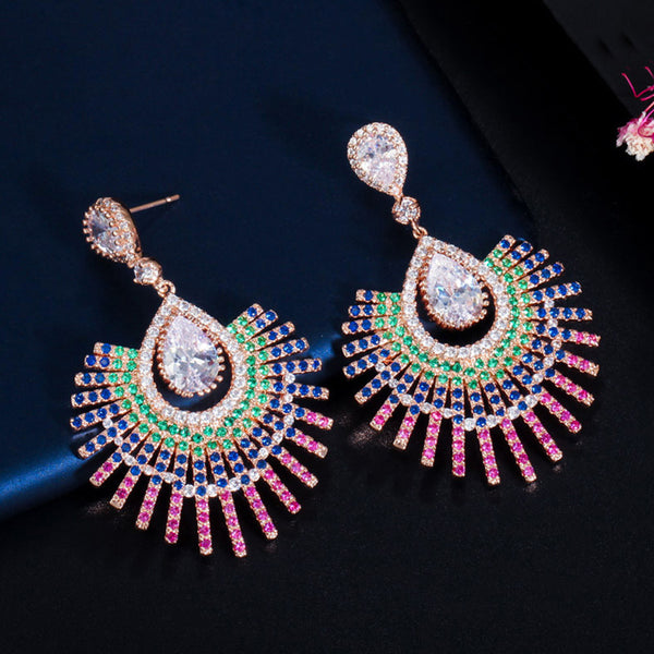 Mix Color Green Red Zirconia Paved Fan Shape Long Big Drop Women Earrings