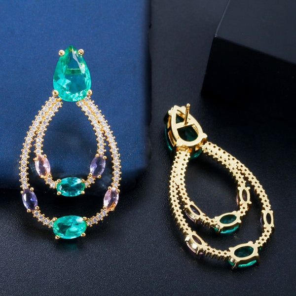 Trendy Light Blue CZ Crystal Glass Gold Color Big Double Round Long Boho Dangle Earrings