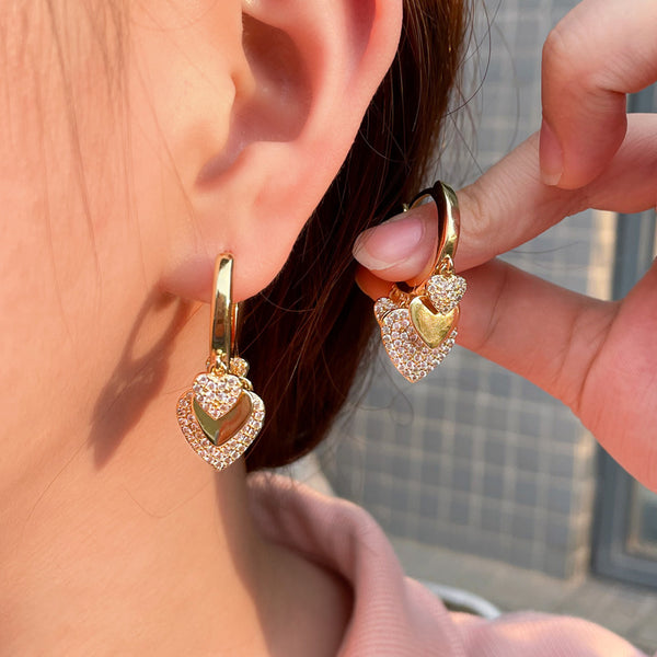 Gold Color CZ Zircon Hanging Love Heart Charms Huggie Hoop Earrings