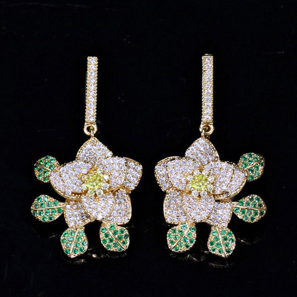 Full Shinning Micro Pave Cubic Zirconia Big Flower Green Long Dangle Silver Colour Earrings