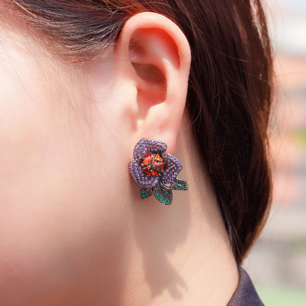 Romantic Flower Leaf Shape Purple Red Cubic Zirconia Black Gold Stud Earring