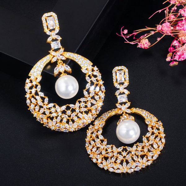 Gold Big Round Hollow Paerl Drop Hanging Earrings