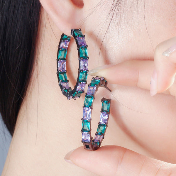 Cut Mix Light Bule Purple Color Big Square Women Hoop Earrings