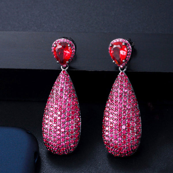 Luxury Red Full Paved Cubic Zirconia Stone Big Long Dangle Tear Drop Earrings