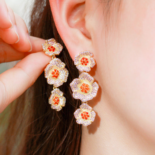 Luxury 3 Tone Gold Bridal Wedding Party Dangle Earrings for Women E