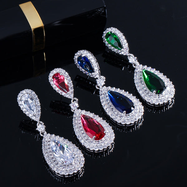 Red CZ Crystal Setting Classic Long Big Dangle Water Drop Earrings