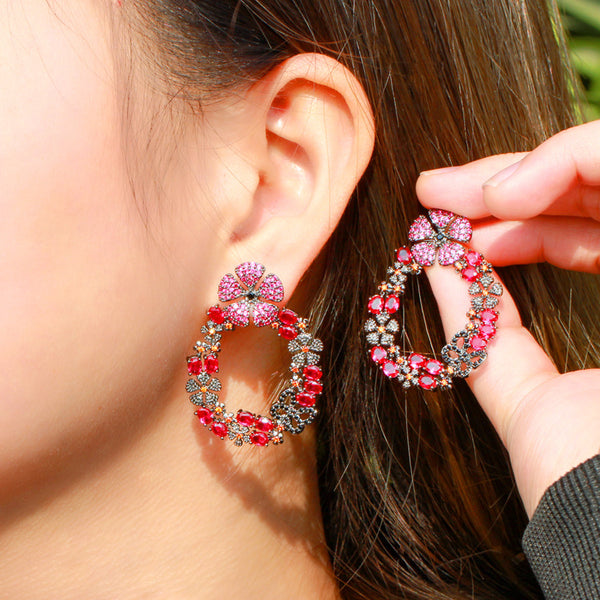 Pink Dangle Big Flower Circle Design Cubic Zirconia Black Gold Drop Earrings