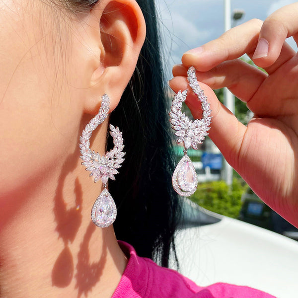 Gorgeous Long Symmetrical Hook Design Shiny CZ Crystal Silver Color Engagement Dangle Drop Earrings