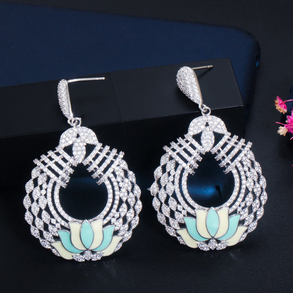 Enamel Flower Gorgeous Gold Color Cubic Zirconia Long Dangle Earrings