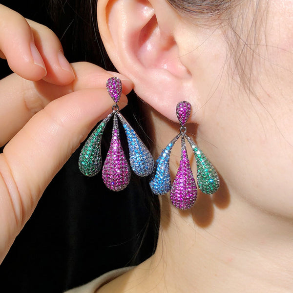 Micro Full Colorful Cubic Zirconia Pave Delicate Large Dangle Earrings