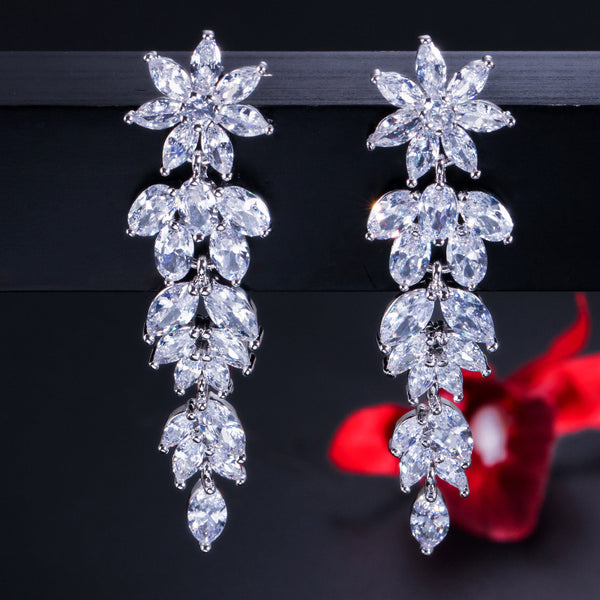 Big Marquise Shape AAA+ Cubic Zirconia Silver Color Long Dangle Earrings