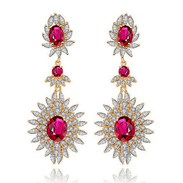 Natural Rose Red  Cubic Zirconia Stone Paved Vintage Women Big Drop Earrings