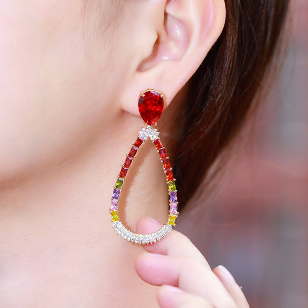 Long Hollow Waterdrop Shape Drop Colorful CZ Crystal Gold Plated Dangle Earring