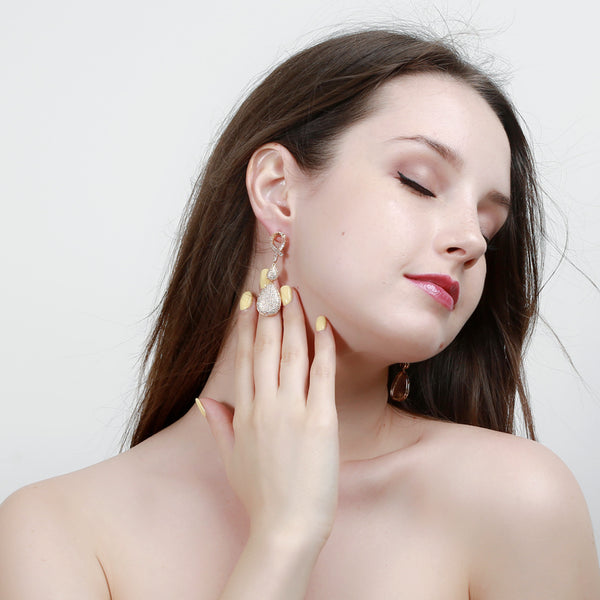 Long Dangle Big Drop Yellow Gold Color Cubic Zirconia Earring For Women