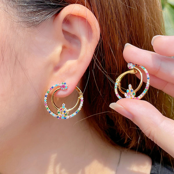 Colorful CZ Zircon Big Round Gold Color Drop Earring Elegant Evening