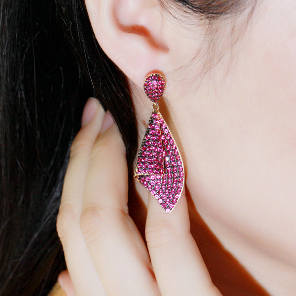 Lovely Full Green Cubic Zirconia Pave Long Yellow Gold Dangle Geometry Drop Earrings