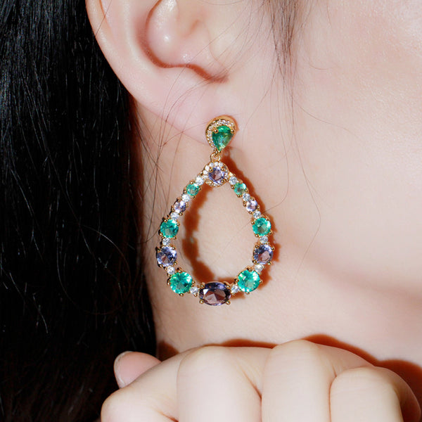 Green CZ Crystal Yellow Gold Long Big Round Dangle Drop Earrings