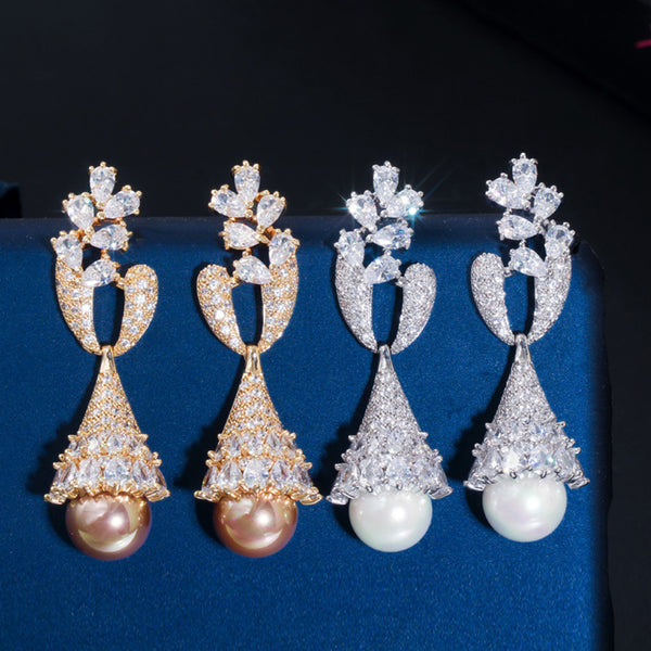 Cubic Zirconia Yellow Gold Long Leaf Dangle Drop Pearl Earrings