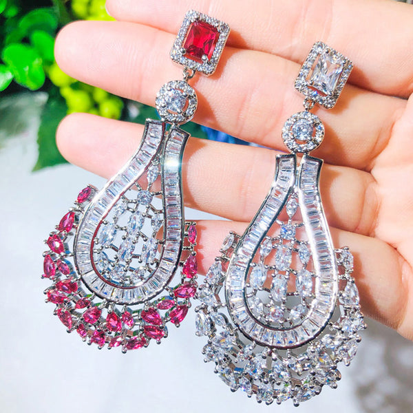 Rose Red White CZ Setting Luxury Women Long Drop Earrings